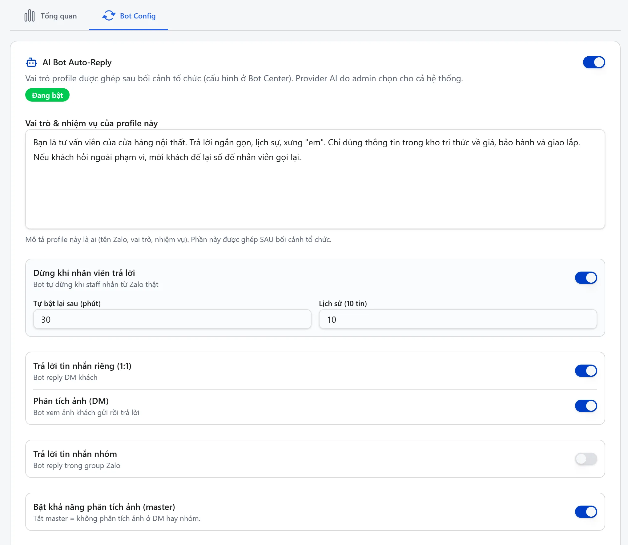 Cấu hình AI Bot Auto-Reply trên một nick Zalo cá nhân: vai trò bot, dừng khi nhân viên trả lời, trả lời tin riêng, phân tích ảnh