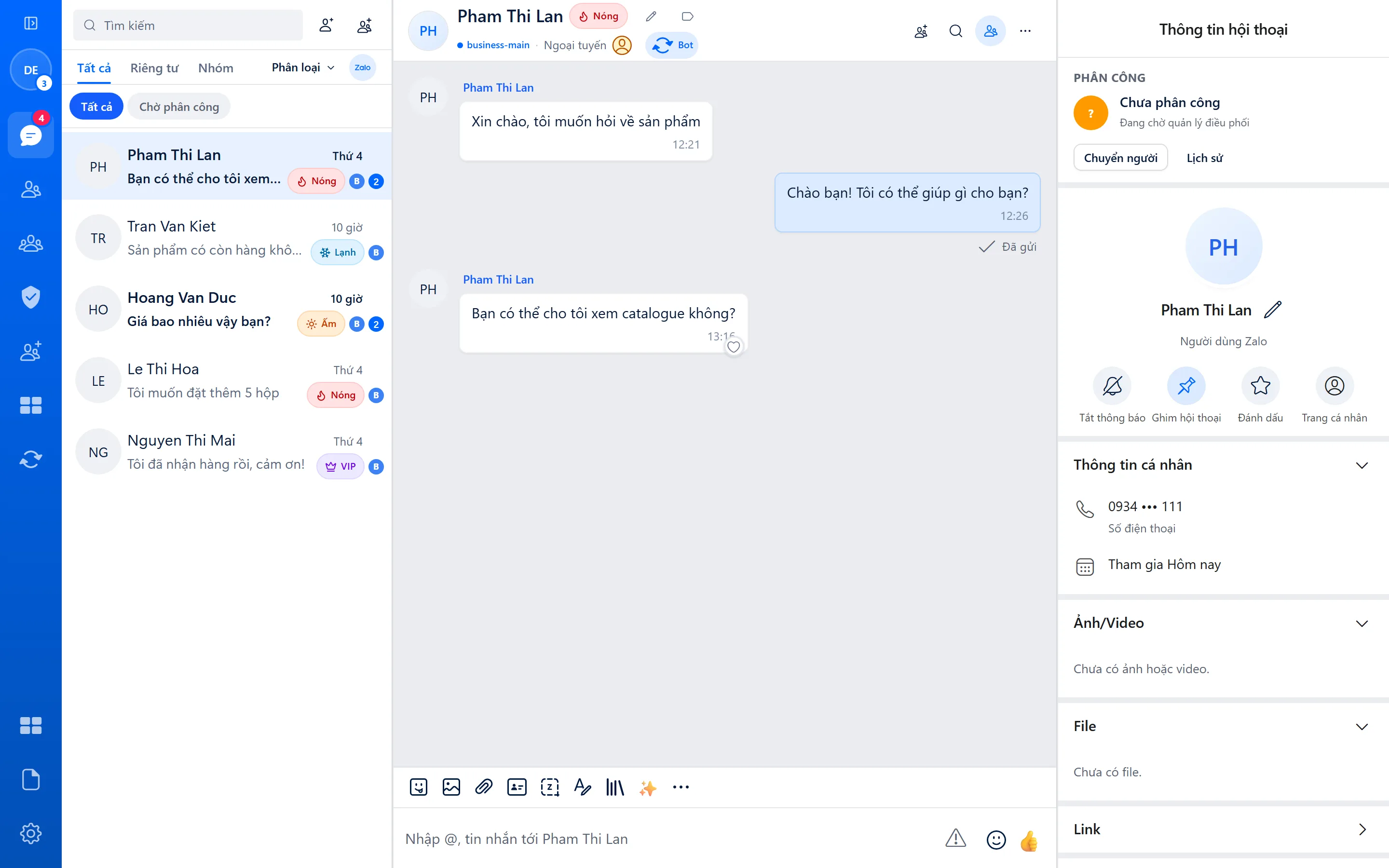 Hộp thư hội thoại Zalo của ZAgent với danh sách khách gắn nhãn Nóng, Ấm, Lạnh, VIP và khung thông tin khách