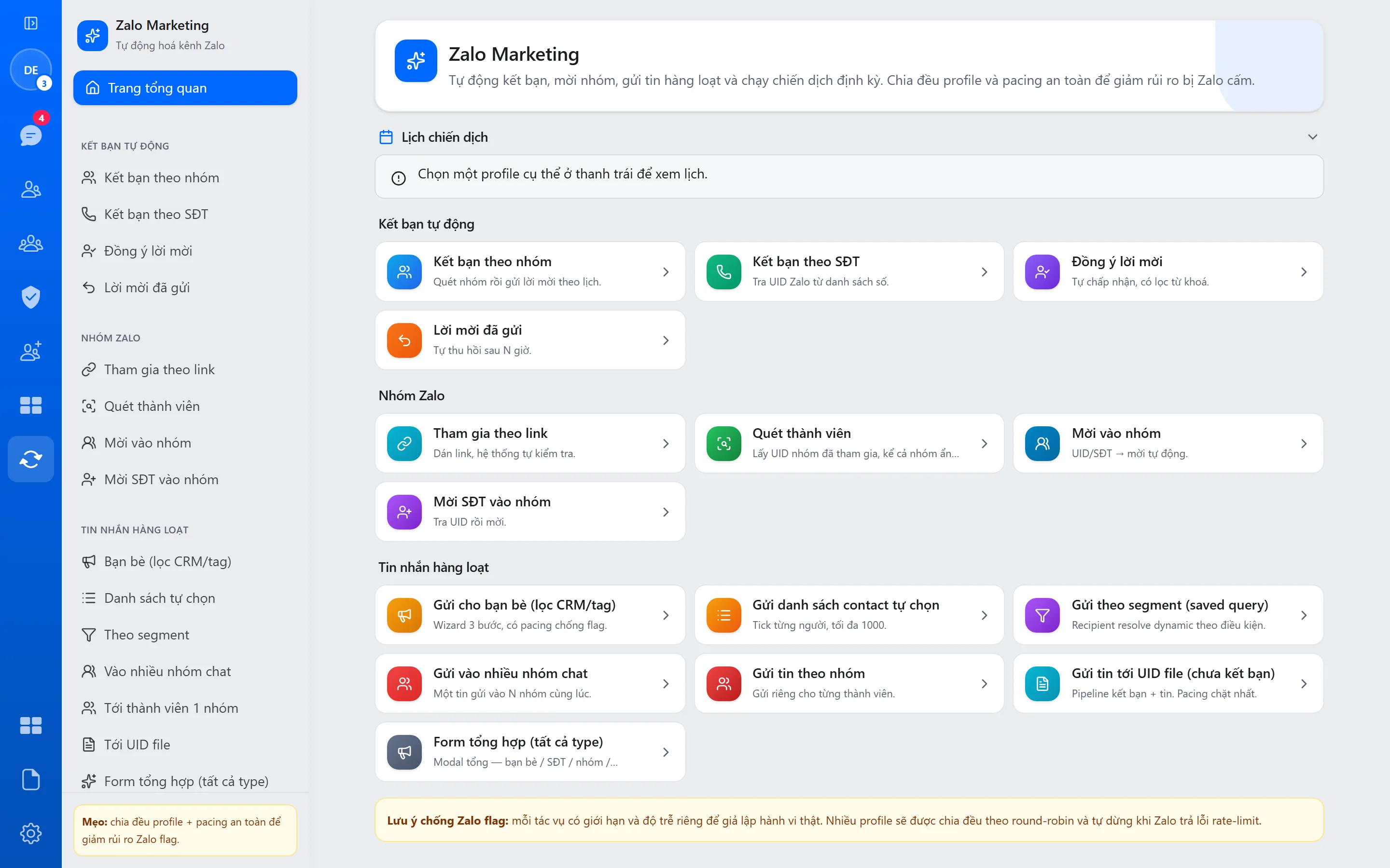 Trang Zalo Marketing của ZAgent liệt kê các loại chiến dịch kết bạn, nhóm Zalo và tin nhắn hàng loạt